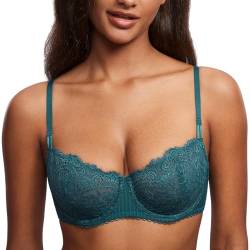 DOBREVA Damen Spitze Dirndl BH Push Up Sexy Balconette BHS Bügel Große Größen Durchsichtig Fichtengrün 75E von DOBREVA