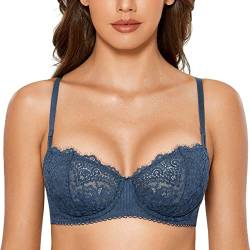 DOBREVA Damen Spitze Dirndl BH Push Up Sexy Balconette BHS Bügel Große Größen Durchsichtig Militärblau 75B von DOBREVA