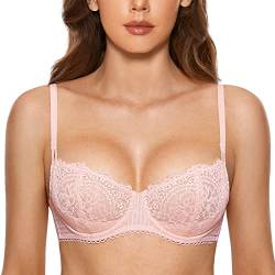 DOBREVA Damen Spitze Dirndl BH Push Up Sexy Balconette BHS Bügel Große Größen Durchsichtig Nacktes Rosa 80C von DOBREVA