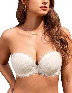 DOBREVA Damen Trägerloser Push Up BH Spitzen Tiefer Ausschnitt Bügel BHS Gepolsterter mit Abnehmbaren Trägern Kokosnuss Weiß 80B von DOBREVA