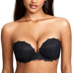 DOBREVA Damen Trägerloser Push Up BH Spitzen Tiefer Ausschnitt Bügel BHS Gepolsterter mit Abnehmbaren Trägern Schwarz 75C von DOBREVA