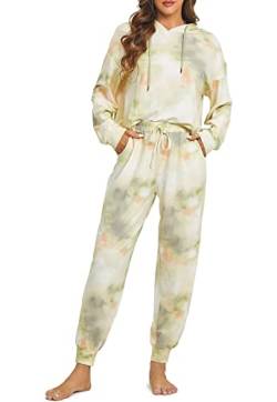 DOBREVA Damen Zweiteiliger Schlafanzug Langarm Oberteil mit Kapuze und Lang Hose mit Taschen Grüner Tie-Dye 46 von DOBREVA