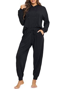 DOBREVA Damen Zweiteiliger Schlafanzug Langarm Oberteil mit Kapuze und Lang Hose mit Taschen Schwarz 36 von DOBREVA