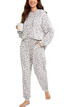 DOBREVA Damen Zweiteiliger Schlafanzug Langarm Oberteil mit Kapuze und Lang Hose mit Taschen Weißer Leopard 40 von DOBREVA
