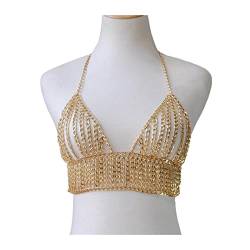 Körperkette Luxus Damen Goldfarbe Strandketten Mode Aluminiumkette Geschirr Party Halskette Kette BH Schmuck Körperschmuck (Metallfarbe: Goldfarbe) (Goldfarbe) von DOCOXI