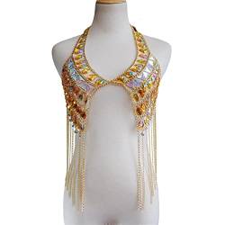 Körperkette Sexy glitzernde Goldfarbe Wassertropfen Spleiß Körperkette Übertriebene BH-Kette Lange Quaste für Frauen Sommer Strandschmuck Körperschmuck von DOCOXI