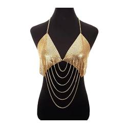 Sexy Metallgeflecht Bikini Strand Quaste Quadratische Körperkette Kleid Charme Pailletten Harness BH für Frauen Party Club Körperschmuck Bauch Taille Kette (Metallfarbe: Goldfarbe) (A Guldf?rg) (A Sil von DOCOXI