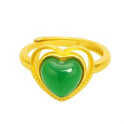 Vintage-Ringschmuck mit erschaffenem Jade-Edelstein in Herzform, offene Fingerringe für Frauen, Hochzeit, Party, Versprechen, Geschenk, Zubehör (Edelsteinfarbe: Grün, Ringgröße: veränderbar) (Grün, Gr von DOCOXI