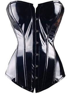 DODOING Damen Black Steampunk Vollbrust Korsett Bustier Tops PVC Vinyl mit G-String Schwarz von DODOING