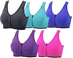 DODOING Sport-BH mit Reißverschluss vorne, nach Operationen, BH, Yoga-BH, Workout, Fitness, Activewear, Racerback, gepolsterte BHs für Frauen, 1# 5er-Pack (grau+blau+rot+violett+grün), XL von DODOING