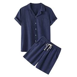 DOExert Herren-Set mit kurzen Hosen aus Baumwolle und Leinen – 2-teiliges Outfit, kurzärmliges Button-Down-Hemd + Shorts, Sweatshirt, Sommerstrand von DOExert