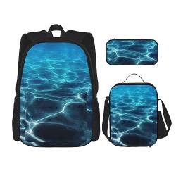 DOFFO Blauer Rucksack mit tiefem Ozean-Druck, Reise-Laptop-Rucksack für Damen und Herren, lässige Büchertasche mit Lunch-Tasche, Bleistifttasche, 3-teilig, Schwarz, Einheitsgröße, Schwarz , von DOFFO