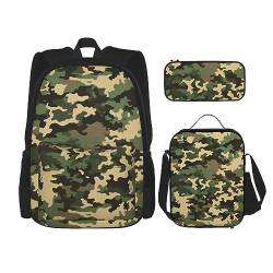 DOFFO Camouflage-Rucksack-Set, Reise-Laptop-Rucksack für Damen und Herren, lässige Büchertasche mit Lunch-Tasche, Bleistifttasche, 3-teilig, Schwarz, Einheitsgröße, Schwarz , Einheitsgröße von DOFFO