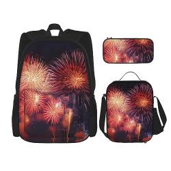 DOFFO Fireworks Rucksack mit Himmelsdruck, Reise-Laptop-Rucksack für Damen und Herren, lässige Büchertasche mit Lunch-Tasche, Bleistifttasche, 3-teilig, Schwarz, Einheitsgröße, Tagesrucksäcke, Schwarz von DOFFO