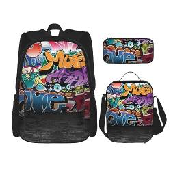DOFFO Graffiti-Rucksack-Set, Hip-Hop-Druck, Reise-Laptop-Rucksack für Damen und Herren, lässige Büchertasche mit Lunch-Tasche, Bleistifttasche, 3-teilig, Schwarz, Einheitsgröße, Schwarz , von DOFFO