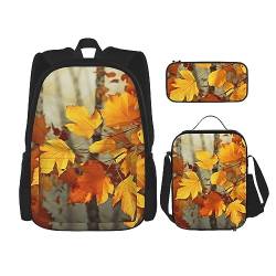 DOFFO Herbst-Rucksack mit goldenen Blättern, Reise-Laptop-Rucksack für Damen und Herren, lässige Büchertasche mit Lunch-Tasche, Bleistifttasche, 3 Stück, Schwarz, Einheitsgröße, Schwarz , von DOFFO