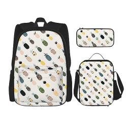 DOFFO Rucksack-Set mit Ananas-Druck, Reise-Laptop-Rucksack für Damen und Herren, lässige Büchertasche mit Lunch-Tasche, Federmäppchen, 3-teilig, Schwarz, Einheitsgröße von DOFFO