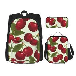 DOFFO Rucksack-Set mit Kirschfrucht-Aufdruck, Reise-Laptop-Rucksack für Damen und Herren, lässige Büchertasche mit Lunch-Tasche, Bleistifttasche, 3-teilig, Schwarz, Einheitsgröße, Schwarz , von DOFFO
