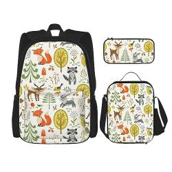 DOFFO Rucksack-Set mit Tier-Sommer-Druck, Reise-Laptop-Rucksack für Damen und Herren, lässige Büchertasche mit Lunchtasche, Federmäppchen, 3-teilig, Schwarz, Einheitsgröße von DOFFO