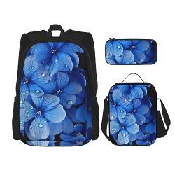 DOFFO Rucksack-Set mit blauem Blumendruck, Reise-Laptop-Rucksack für Damen und Herren, lässige Büchertasche mit Lunch-Tasche, Federmäppchen, 3-teilig, Schwarz, Einheitsgröße, Tagesrucksäcke von DOFFO