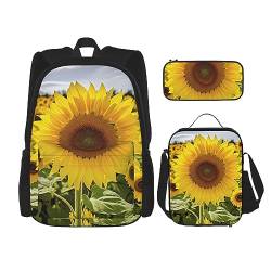 DOFFO Rucksack-Set mit blühenden Sonnenblumen-Aufdruck, Reise-Laptop-Rucksack für Damen und Herren, lässige Büchertasche mit Lunch-Tasche, Federmäppchen, 3 Stück, Schwarz, Einheitsgröße, Schwarz , von DOFFO