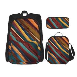 DOFFO Rucksack-Set mit buntem Streifendruck, Reise-Laptop-Rucksack für Damen und Herren, lässige Büchertasche mit Lunchtasche, Federmäppchen, 3-teilig, Schwarz, Einheitsgröße von DOFFO