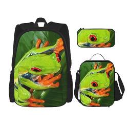 DOFFO Rucksack-Set mit gelben Augen, grünem Froschdruck, Reise-Laptop-Rucksack für Damen und Herren, lässige Büchertasche mit Lunch-Tasche, Federmäppchen, 3-teilig, Schwarz, Einheitsgröße von DOFFO