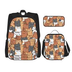 DOFFO Rucksack-Set mit orangefarbenem Katzen-Aufdruck, Reise-Laptop-Rucksack für Damen und Herren, lässige Büchertasche mit Lunch-Tasche, Bleistifttasche, 3-teilig, Schwarz, Einheitsgröße, Schwarz , von DOFFO