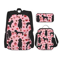 DOFFO Rucksack-Set mit pinken Pudeln, Reise-Laptop-Rucksack für Damen und Herren, lässige Büchertasche mit Lunch-Tasche, Federmäppchen, 3-teilig, Schwarz, Einheitsgröße, Schwarz , Einheitsgröße von DOFFO
