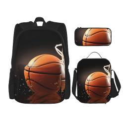 DOFFO Rucksack mit Basketball-Aufdruck, Reise-Laptop-Rucksack für Damen und Herren, lässige Büchertasche mit Lunch-Tasche, Federmäppchen, 3-teilig, Schwarz, Einheitsgröße, Schwarz , Einheitsgröße von DOFFO