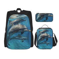 DOFFO Rucksack mit Delfin-Kunstdruck, Reise-Laptop-Rucksack für Damen und Herren, lässige Büchertasche mit Lunch-Tasche, Federmäppchen, 3-teilig, Schwarz, Einheitsgröße, Schwarz , Einheitsgröße von DOFFO