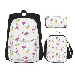 DOFFO Rucksack mit Flamingo- und Ananas-Druck, Reise-Laptop-Rucksack für Damen und Herren, lässige Büchertasche mit Lunch-Tasche, Bleistifttasche, 3-teilig, Schwarz, Einheitsgröße, Tagesrucksäcke, von DOFFO