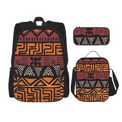 DOFFO Rucksack mit afrikanischem Schlammtuch, Tribal-Druck, Reise-Laptop-Rucksack für Damen und Herren, lässige Büchertasche mit Lunch-Tasche, Bleistifttasche, 3-teilig, Schwarz, Einheitsgröße, von DOFFO