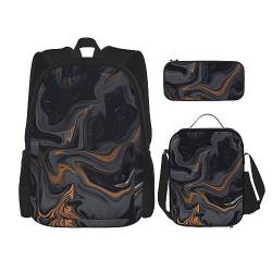 DOFFO Rucksack mit dunkler flüssiger Textur, Reise-Laptop-Rucksack für Damen und Herren, lässige Büchertasche mit Lunch-Tasche, Bleistifttasche, 3 Stück, Schwarz, Einheitsgröße, Schwarz , von DOFFO