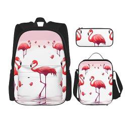 DOFFO Rucksack mit pinkem Flamingo-Druck, Reise-Laptop-Rucksack für Damen und Herren, lässige Büchertasche mit Lunch-Tasche, Federmäppchen, 3-teilig, Schwarz, Einheitsgröße, Schwarz , Einheitsgröße von DOFFO