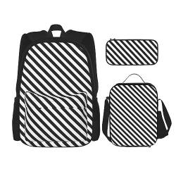 DOFFO Rucksack mit schwarz-weißem Streifenmuster, Reise-Laptop-Rucksack für Damen und Herren, lässige Büchertasche mit Lunch-Tasche, Federmäppchen, 3-teilig, Schwarz, Einheitsgröße, Schwarz , von DOFFO
