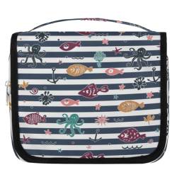 DOHOATI Kulturbeutel Marineblau Streifen Fisch Oktopus Reise Hängende Tasche Waschtasche Make-up Kosmetik Organizer Toilettenartikel Kit für Frau Mann, Aquarell Zebra Tierdruck, 23(L)x21(H)x10(W), von DOHOATI