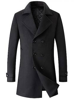 DOINLINE Herren Wintermantel Wollmischung Trenchcoat Casual Zweireiher Lange Erbse Topcoat, Schwarz, M von DOINLINE