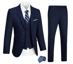Herren-Anzug, 3-teilig, 2 Knöpfe, schmale Passform, Smoking, Abschlussball, formelle Jacke, Blazer, Hose mit Krawatte, Marineblau, L von DOISPON