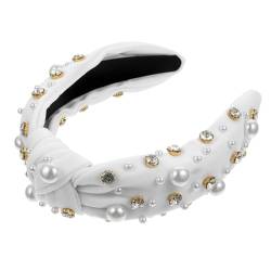 DOITOOL Damen-Stirnband aus Barock-Perlen-Strass-Stoff mit geometrischem Stoff (weiß) geknotetes Stirnband weißes Perlenstirnband weißes Stirnband Haargummis Strass-Perlen-Stirnband Mode von DOITOOL