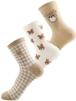 Lustige Damen-Socken mit Katzenmotiv, 3 Paar in Geschenkbox, Bear Brown Crew Socken, Einheitsgröße von DOKUTOKU