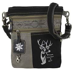 DOMELO Trachtentasche. Kleine schwarze Umhängetasche. Oktoberfest Damen Crossbody Bag mit Hirsch Aufdruck. Canvas Tasche als Geschenk für Trachtenmode Liebhaber von DOMELO