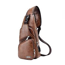 DONGKER Sling Crossbody Bag Herren, PU Leder Brusttasche Männer, Umhängetasche Reisetasche mit USB Anschluss für Casual Outdoor Wandern Reise von DONGKER