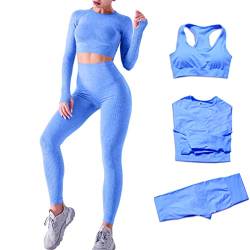 DONYKARRY 3 Teilig Trainingsanzug Damen, Sport Leggings Gym Set Yoga Jogginganzug Strumpfhosen Stretch-Sport-BH-Fitness-Set Sportbekleidung Jogging Pilates Zumba Tennisbekleidung（Blau,L） von DONYKARRY