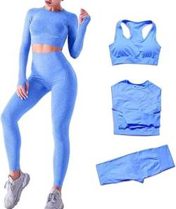 DONYKARRY 3 Teilig Trainingsanzug Damen, Sport Leggings Gym Set Yoga Jogginganzug Strumpfhosen Stretch-Sport-BH-Fitness-Set Sportbekleidung Jogging Pilates Zumba Tennisbekleidung（Blau,M） von DONYKARRY