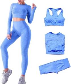 DONYKARRY 3 Teilig Trainingsanzug Damen, Sport Leggings Gym Set Yoga Jogginganzug Strumpfhosen Stretch-Sport-BH-Fitness-Set Sportbekleidung Jogging Pilates Zumba Tennisbekleidung（Blau,S） von DONYKARRY