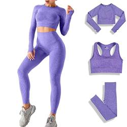 DONYKARRY 3 Teilig Trainingsanzug Damen, Sport Leggings Gym Set Yoga Jogginganzug Strumpfhosen Stretch-Sport-BH-Fitness-Set Sportbekleidung Jogging Pilates Zumba Tennisbekleidung（Lila,M） von DONYKARRY