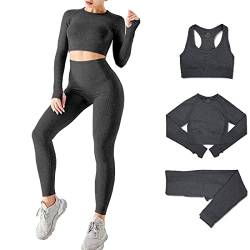 DONYKARRY 3 Teilig Trainingsanzug Damen, Sport Leggings Gym Set Yoga Jogginganzug Strumpfhosen Stretch-Sport-BH-Fitness-Set Sportbekleidung Jogging Pilates Zumba Tennisbekleidung（Schwarz,S） von DONYKARRY