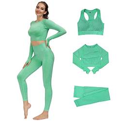 DONYKARRY 3 Teilig Trainingsanzug Damen, Sport Leggings Gym Set Yoga Jogginganzug Strumpfhosen Stretch-Sport-BH-Fitness-Set Sportbekleidung Jogging Pilates Zumba Tennisbekleidung (Grün,L) von DONYKARRY