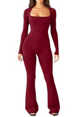 DONYKARRY Jumpsuits Für Damen Langarm Overalls Hosen Trainingsanzüge Hohe Taille Sportkleidung Damen Set Quadratischer Bodysuit Hals Breites Bein In voller (Rotwein,L) von DONYKARRY